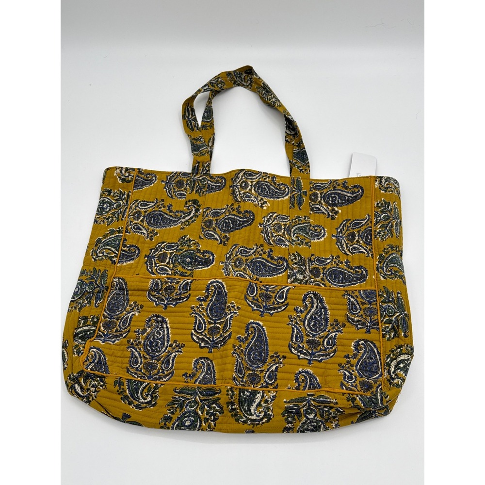 Karma Highway Quilted Cotton Tote Bag Mustard Yellow Paisley Block Print India